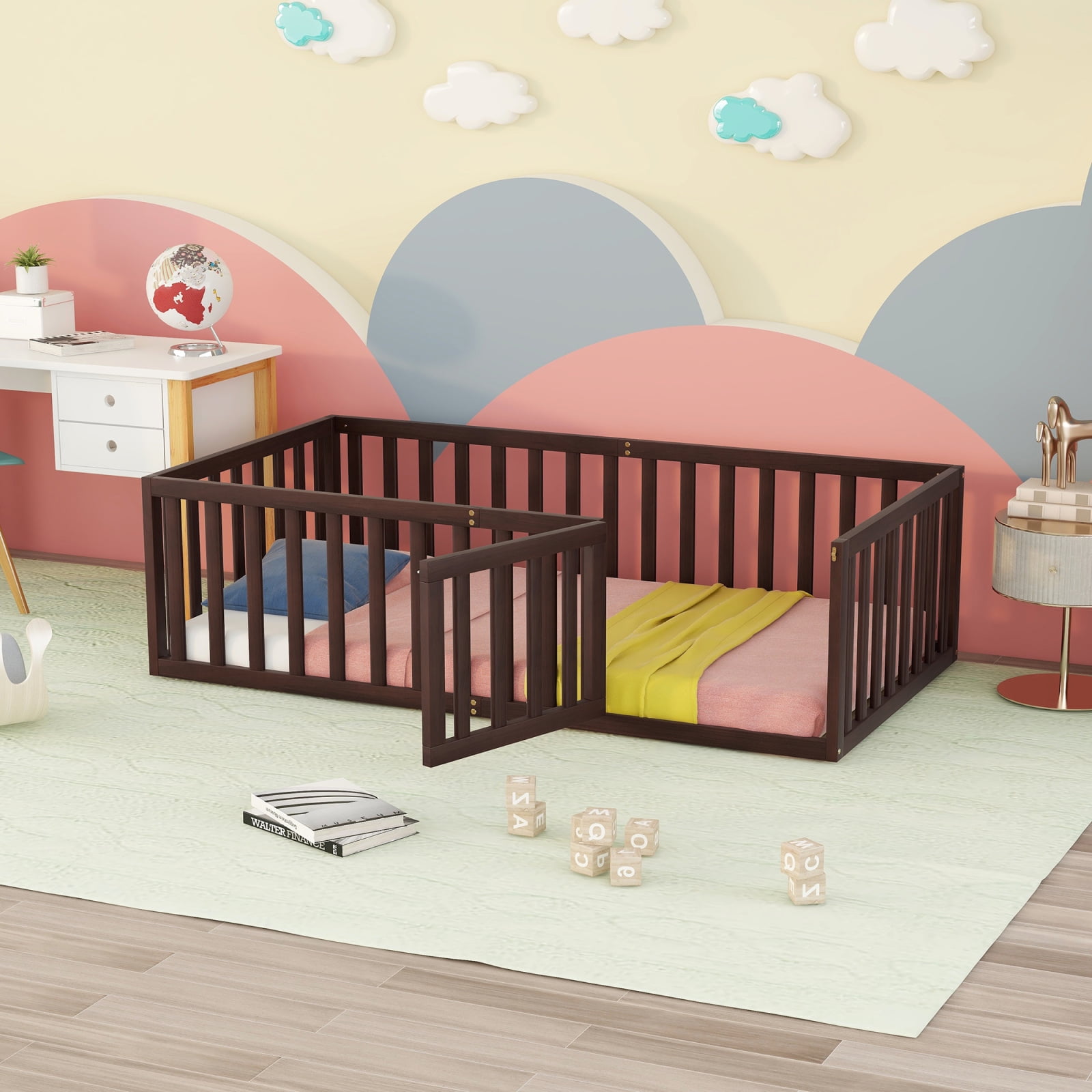 Wooden Playpen with Fence & Door, 2-in-1 Twin Size Floor Bed for Living ...