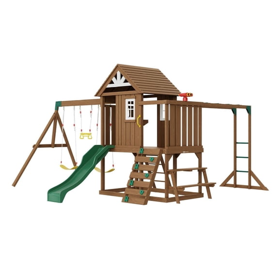 Wooden Playset 10-in-1 for Backyard - 6FT Slide, Fort, Trapeze, Sandbox, Picnic Table - Outdoor Play Structure for Kids