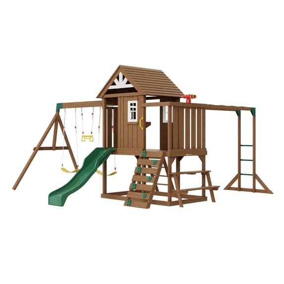 Wooden Playset 10 in 1 for Backyard - 6FT Slide, Fort with Kitchen, Swing Set, Sandbox, Rock Wall - Outdoor Play Structure for Kids
