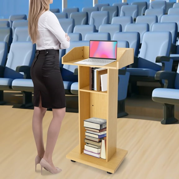 Wooden Podium, Wooden Lectern Stand, 43.3" Oak Podium with Storage, 3 Shelves & 3 Hooks, 360 Casters with Lock, for Church, Classroom, Wedding, Reception
