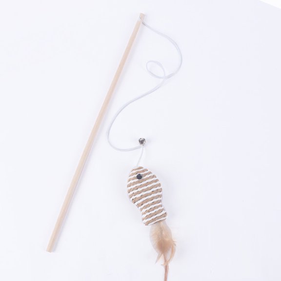 Wooden Pole Teaser Wand Paper Rope Fish Interactive Durable Cat Toy - Khaki