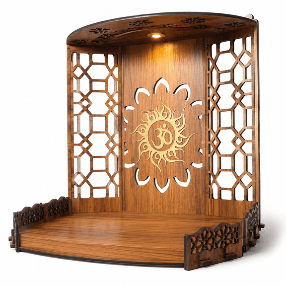 Wooden Pooja Mandir for Home with LED Light, Ganpati Ganesh Bappa Makhar for Ganesh Chaturthi, Tabletop Puja Temple Stand for Home, Office & Shop, 18 x 16.5 x 16 in