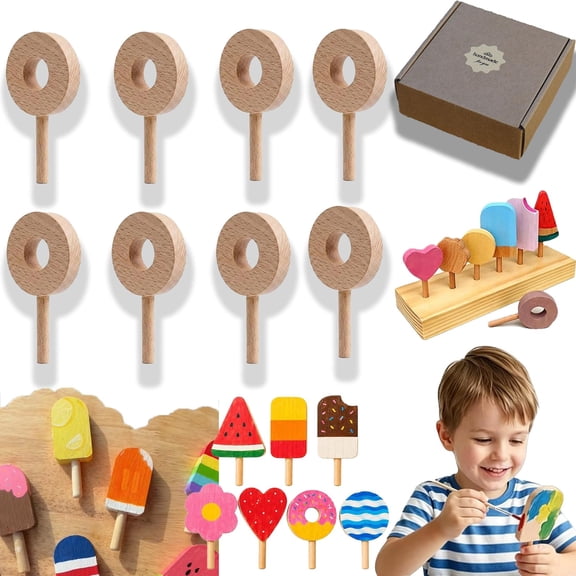 Wooden Popsicles for Crafts, 2027 Upgraded Unfinished Wooden Popsicle Blocks, 7 Shapes DIY Unfinished Wooden Ice Cream Cutouts, Ready to Paint Pine Wood Ice Cream Cutouts for DIY Craft