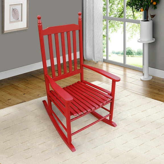 Wooden Porch Rocker Chair, Rose Red Tint - Constructed With Solid Hardwood For Longevity Appropriate Balcony And Spacious Wide Seat Armrest Robust Slatted Back Rest Easy Assembly Hardware Supplied