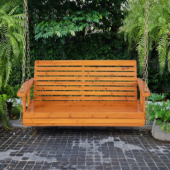 Wooden Porch Swing 2 Seat - Outdoor Swinging Chairs with Hanging Chains, 600 lbs Weight Capacity, 4 FT Finished Fir Wood Bench Swing for , Outside, Garden, Lawn, Backyard (Orange)