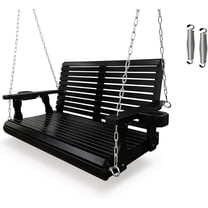 Wooden Porch Swing 2-Seater, High Backrest and Deep Seat,  Swing with Cupholders, Hanging Chains and 7mm Springs, Heavy Duty 880 LBS, for Outdoor Patio Garden (Carbon Black - 4 FT Extra Large)