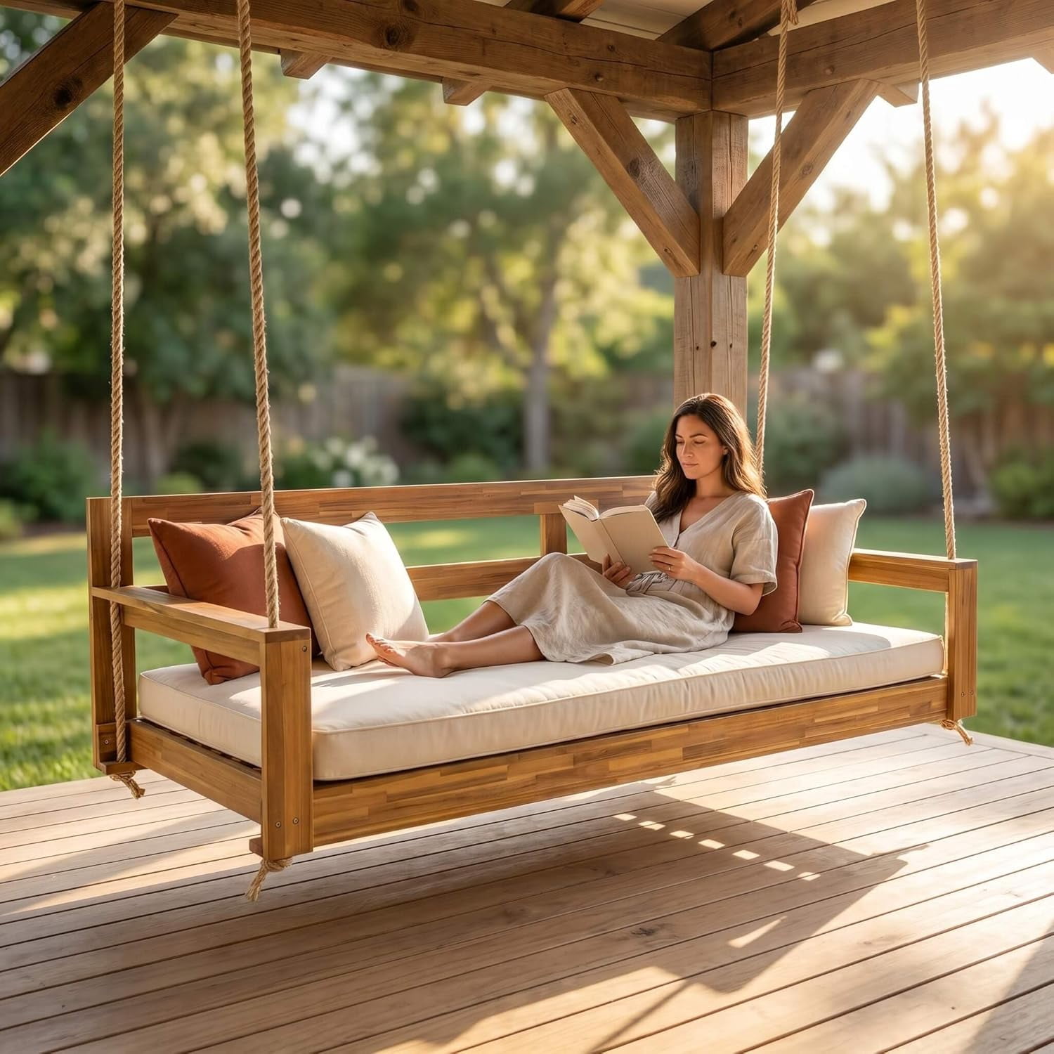 Wooden Porch Swing Bed Twin Size with 4 Heavy Duty Ropes, Outdoor Hanging Daybed Swing Bench for 2 Person, Acacia Wood Farmhouse Patio Swing Chair for Porch, Backyard, Garden (Wood)