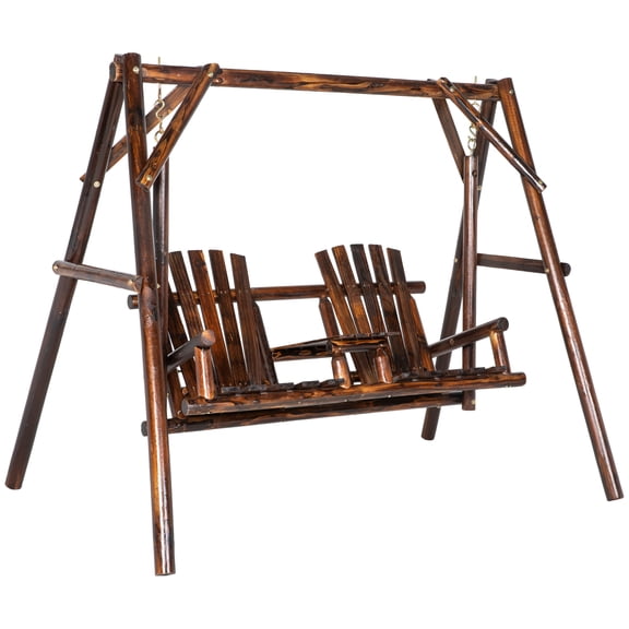Wooden Porch Swing with Stand, 2-Seat Patio Swing Chair with Center Table, A-Frame Construction, Solid Fir Wood, 650 lbs Capacity, for Garden, Poolside, Backyard