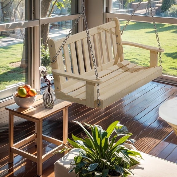 Wooden Porch Swing for 2 People Outdoor  Garden Bench with Adjustable Chains and Natural Finish