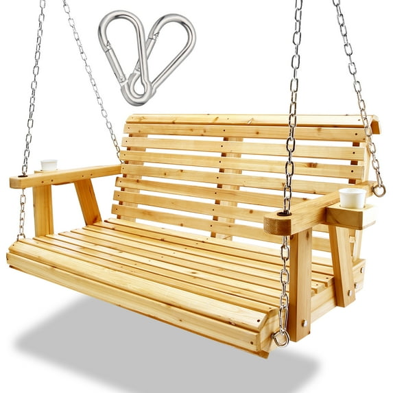 Wooden Porch Swing with Hanging Chain,2-Seater Patio Swing Chair with Cup Holders,Outdoor Swing Bench for Porch Courtyard Garden Balcony