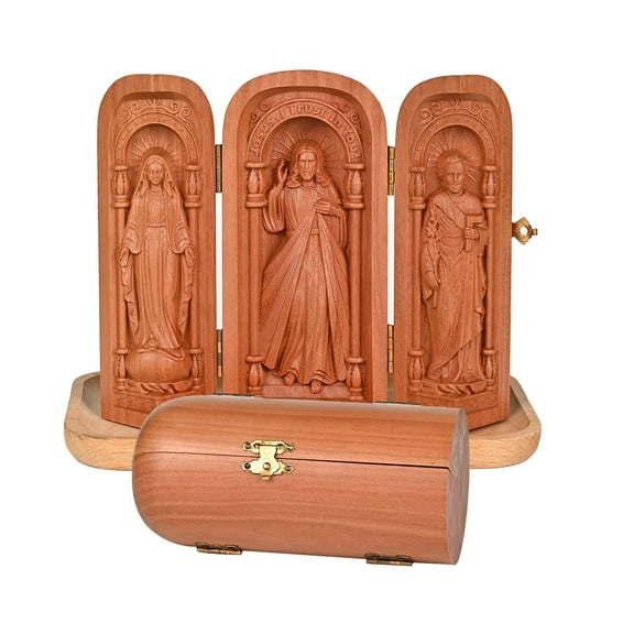 Wooden Portable Altar - Statue of Jesus, Virgin Mary and Joseph, Handmade Jesus Figurine Ornament, Christian Catholic Mini Triptych Altar Religious Gift Christmas Home Decor - 6 Inch