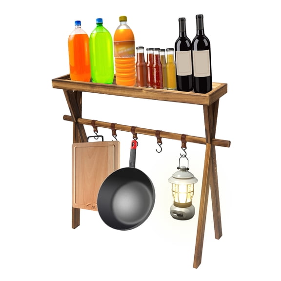 Wooden Portable Picnic Rack,Cookware Storage Rack Lightweight Outdoor Storage Shelf with Hook for Camping Picnic BBQ Home Storage