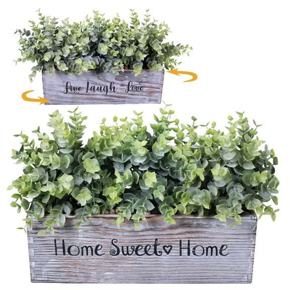 Wooden Potted Eucalyptus Plant Greenery Arrangement Artificial Faux Plant in Rectangular Planter Box