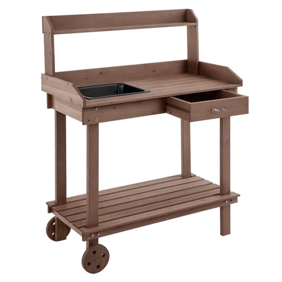 Wooden Potting Bench Outdoor Garden Work Table with Wheels & Sink