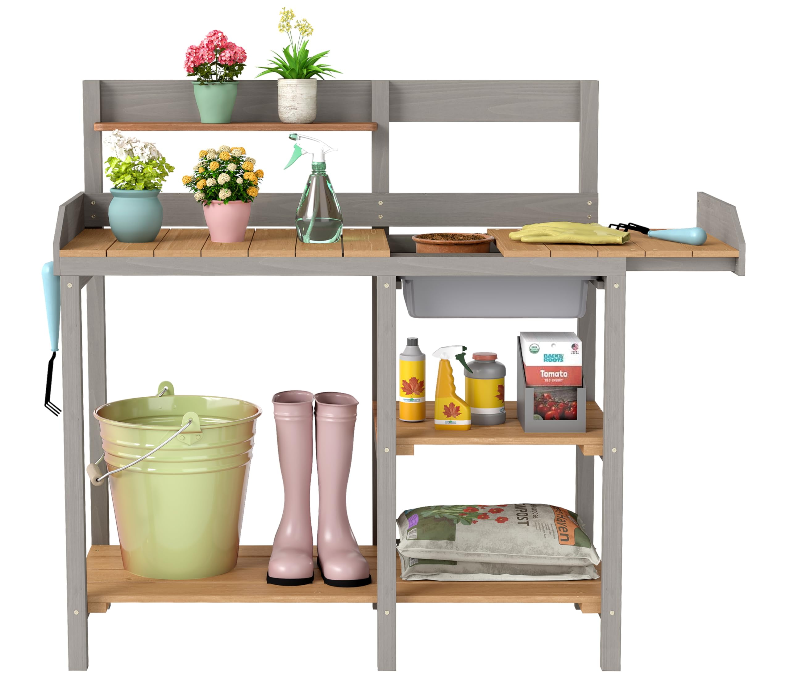 Wooden Potting Bench with Sink and Shelf, Outdoor Garden Workstation ...