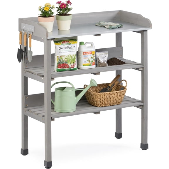 Wooden Potting Bench Table, Outdoor Garden Table Work Bench with Shelf, Workstation for Outside Lawn Patio