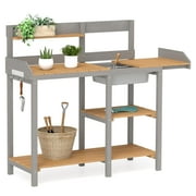 Wooden Potting Bench Table with Sink, Outdoor Garden Table Work Bench with Shelf, Workstation for Outside Patio Lawn