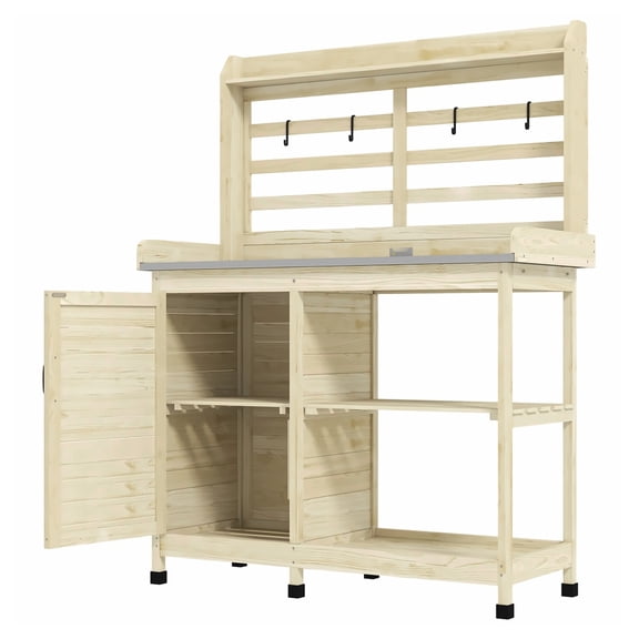 Wooden Potting Bench with Storage, Outdoor Garden Work Station, Sink & Tap, Natural Fir Wood, Backyard Patio Balcony Planter Table