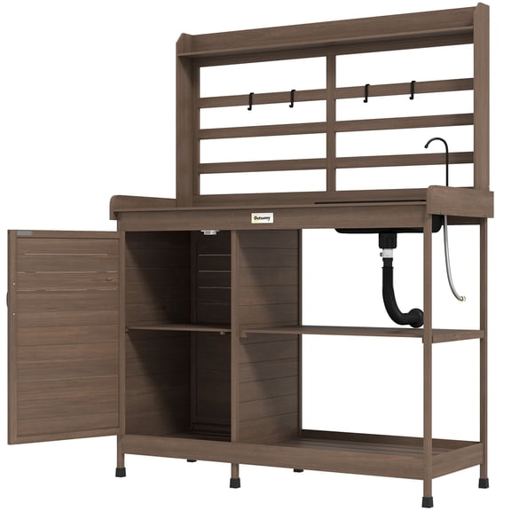 Wooden Potting Bench with Storage, Sink, Water Tap for Backyard, Patio, Balcony, Dark Brown