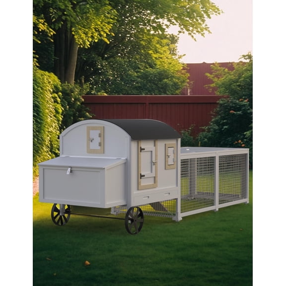 Wooden Poultry Cage for 3-5 Chickens, 106in Chicken Coop with Run, Outdoor Hen Coop with Waterproof Roof, Nesting Box, Pull Out Trays and Ramp, White