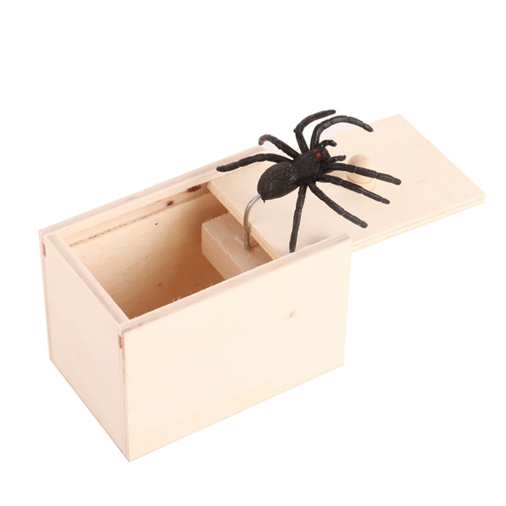 Natural Wood Spider Prank Box with Black Rubber Spider