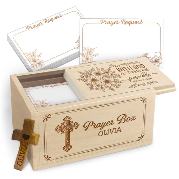 Wooden Prayer Box with Inspirational Faith Message, Maple Wood Faith Keepsake Box with 100 Prayer Request Cards and Wooden Cross, Religious Gift for Daily Prayer and Encouragement