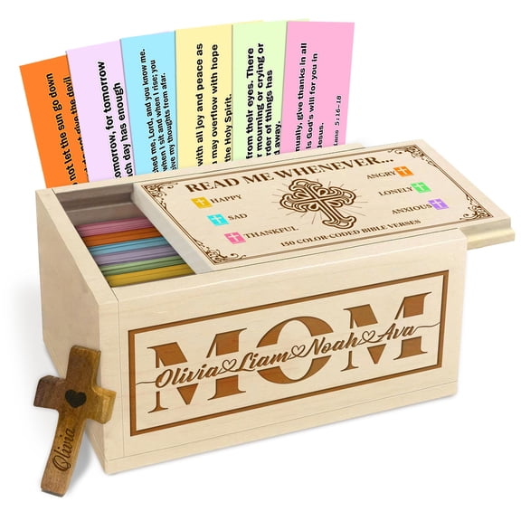 Wooden Prayer Box for Mom or Dad with Custom Names, Family Faith Keepsake Box with Bible Verse Cards and Wooden Cross, Personalized Christian Gift for Parents