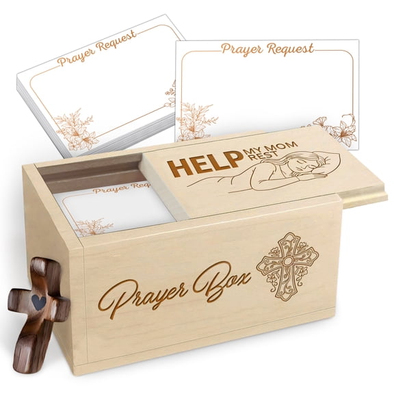 Wooden Prayer Box for Mom, Maple Wood Faith Keepsake Box with 100 Blank Prayer Cards and Handheld Wooden Cross, Thoughtful Christian Gift from Daughter or Son