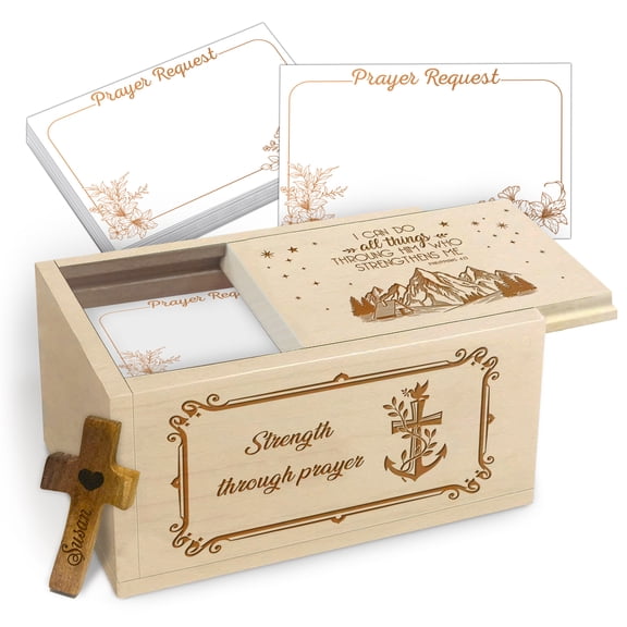 Wooden Prayer Box with Scripture Message, Maple Wood Faith Keepsake Box with 100 Prayer Request Cards and Wooden Cross, Inspirational Religious Gift for Daily Prayer and Reflection