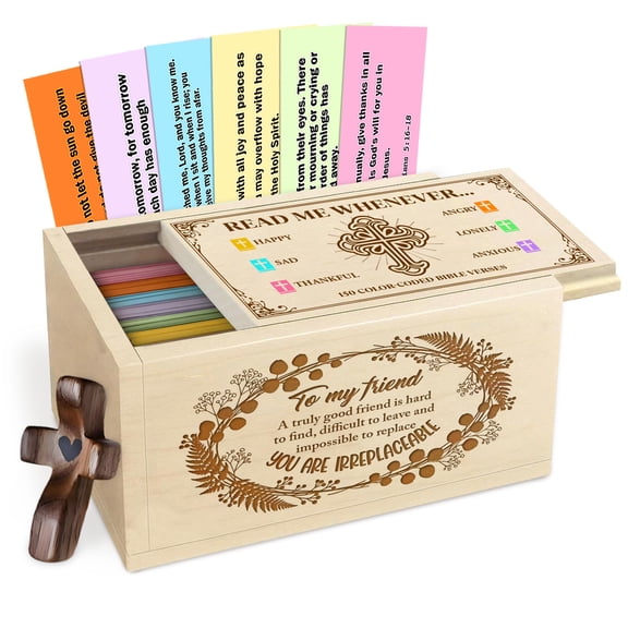 Wooden Prayer Box for Friend Appreciation, Christian Faith Keepsake Box with 150 Scripture Cards and Wooden Cross, Inspirational Gift for Best Friend