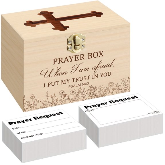 Wooden Prayer Request Box with 100 Prayer Cards, 6.3 X 4.3 X 4 Inches Rustic Scripture Box, Hinged Lid Faith Box for Home Decor, Keepsake Memory Box, Inspirational Gift for Men and Women