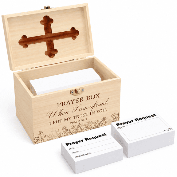 Wooden Prayer Request Box with 100 Cards, Rustic Farmhouse Keepsake Box for Christian Devotion, Communion Thanksgiving Religious Gift