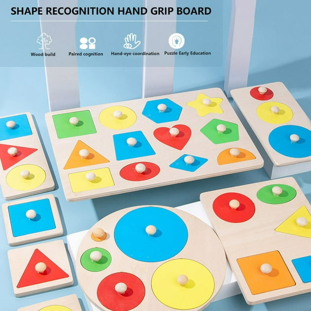 Wooden Preschool Colorful Shape Puzzle Intelligence Puzzle Wooden Pattern Blocks Geometric Shape Puzzle Set Classic Educational Toys Wooden Shape Puzzles for Toddlers Kids Boys Girls