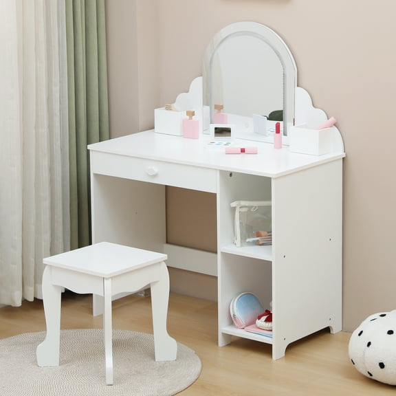 Wooden Princess Vanity Desk with Mirror & Lights | Toddler Dressing Table with Stool, Drawer, Open Shelves & Cubbies Storage for Little Girls' Makeup