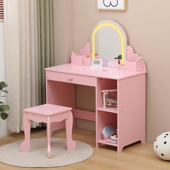 Wooden Princess Vanity Desk with Mirror & Lights | Toddler Dressing Table with Stool, Drawer, Open Shelves & Cubbies Storage for Little Girls' Makeup