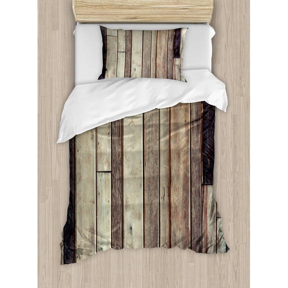 Wooden Print Duvet Cover Set, Antique Planks Flooring Wall Picture American Style Western Rustic Panel Graphic, Decorative 2 Piece Bedding Set with 1 Pillow Shams, Twin Size, Brown, by Ambesonne