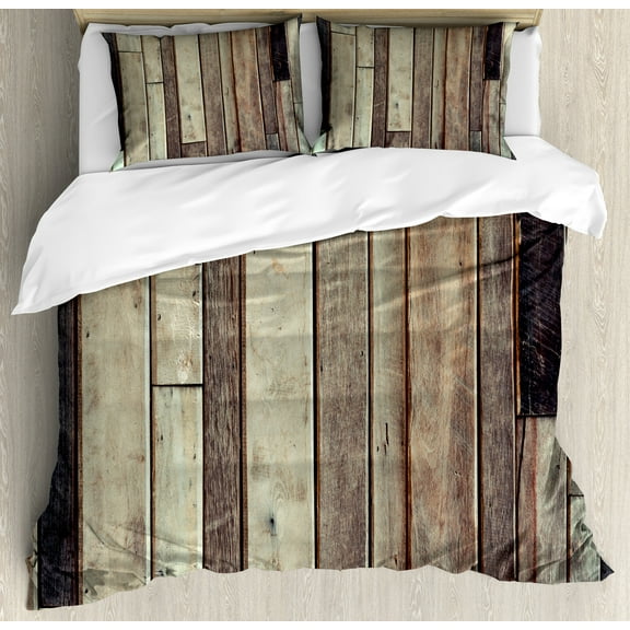 Wooden Print Duvet Cover Set, Antique Planks Flooring Wall Picture American Style Western Rustic Panel Graphic, Decorative 3 Piece Bedding Set with 2 Pillow Shams, Calking Size, Brown, by Ambesonne