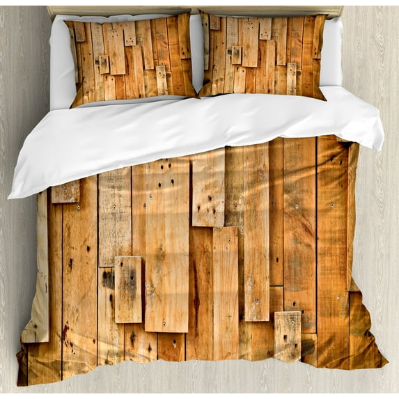 Wooden Print Duvet Cover Set, Lodge Style Hardwood Planks Image Farmhouse Grunge Design, Decorative 3 Piece Bedding Set with 2 Pillow Shams, Calking Size, Burnt Orange Orange, by Ambesonne