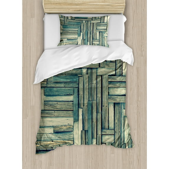 Wooden Print Duvet Cover Set, Lumberjack Old Vintage Classic Deck Tree Forest Woods Natural Art, Decorative 2 Piece Bedding Set with 1 Pillow Shams, Twin Size, Sage Green Beige, by Ambesonne