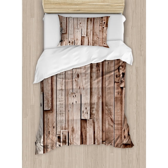 Wooden Print Duvet Cover Set, Vintage Barn Shed Floor Wall Planks Sepia Art Old Natural Plywood Lodge Image, Decorative 2 Piece Bedding Set with 1 Pillow Shams, Twin Size, Grey Brown, by Ambesonne