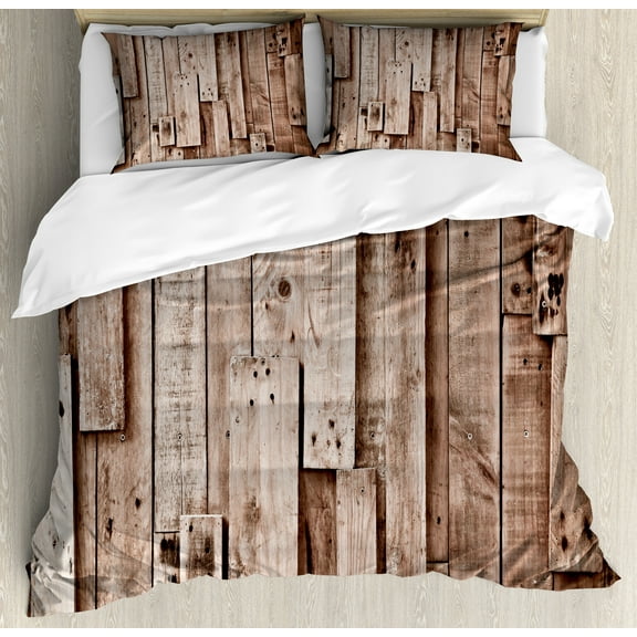 Wooden Print Duvet Cover Set, Vintage Barn Shed Floor Wall Planks Sepia Art Old Natural Plywood Lodge Image, Decorative 3 Piece Bedding Set with 2 Pillow Shams, Calking Size, Grey Brown, by Ambesonne