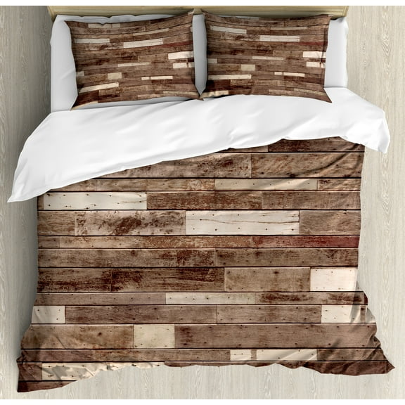 Wooden Print Duvet Cover Set, Wall Floor Textured Planks Panels Art Grain Cottage Lodge Hardwood Pattern, Decorative 3 Piece Bedding Set with 2 Pillow Shams, King Size, Brown, by Ambesonne