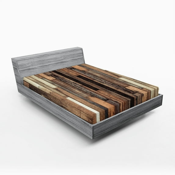 Wooden Print Fitted Sheet, Brown Old Hardwood Floor Plank Grunge Lodge Garage Loft Rural Natural Graphic, Decorative Soft Bedding All-round Elastic Pocket, California King, Brown, by Ambesonne