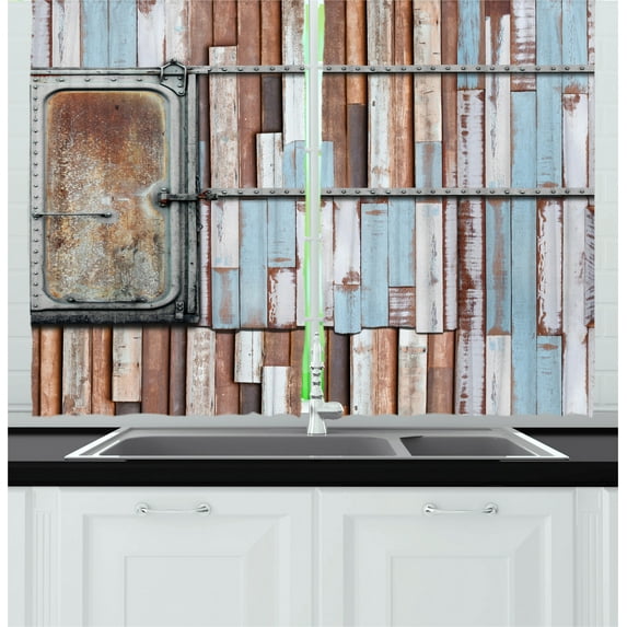 Wooden Print Kitchen Curtains, Rustic Colored Rusty Planks with Old Ship Door Marine Themed Art, Two Panels Drapes with Rod Pocket Room Decor, 55" X 45", Blue Brown and White, by Ambesonne