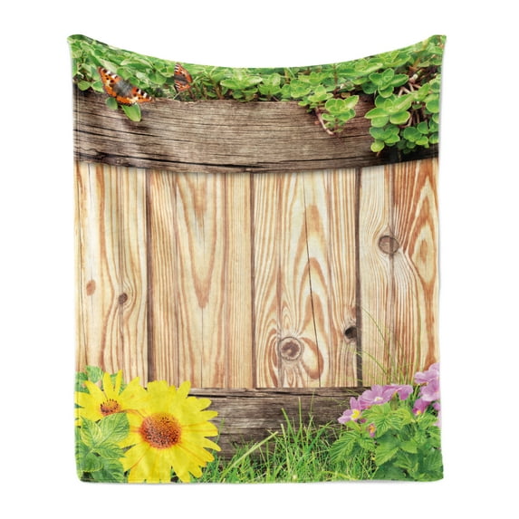 Wooden Print Soft Flannel Fleece Blanket, Fence Garden Yard Summer Spring Daisy Flowers Butterfly Grass Rustic, Cozy Plush for Indoor and Outdoor Use, 70" x 90", Brown Green Yellow, by Ambesonne
