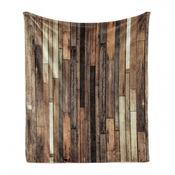 Wooden Print Soft Flannel Fleece Throw Blanket, Brown Old Hardwood Floor Plank Grunge Lodge Garage Loft Rural Natural Graphic, Cozy Plush for Indoor and Outdoor Use, 50" x 60", Brown, by Ambesonne