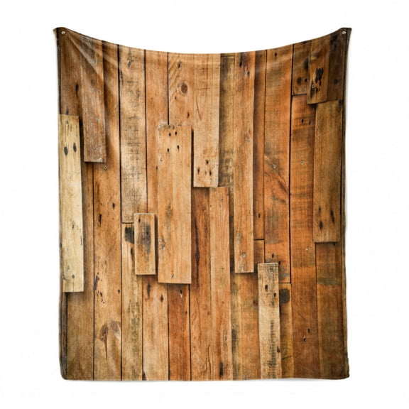 Wooden Print Soft Flannel Fleece Throw Blanket, Lodge Style Hardwood Planks Image Farmhouse Grunge Design, Cozy Plush for Indoor and Outdoor Use, 50" x 70", Burnt Orange Orange, by Ambesonne