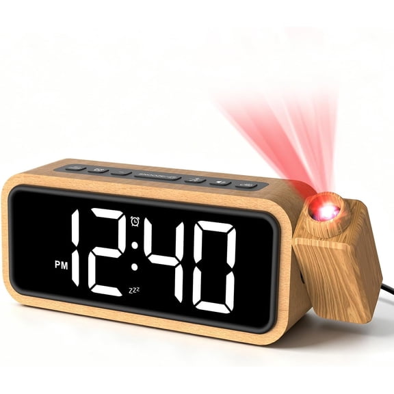 Wooden Projection Alarm Clock, Loud Digital Plug-in Clock with 180 Rotatable Projector, 5 Volumes, 12 Ringtones, Snooze for Bedroom Ceiling Wood Decor