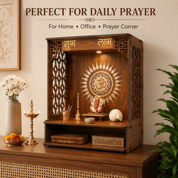 Wooden Puja Mandir for Home, LED Pooja Temple with Storage, Wall Mounted Hindu Mandir, Tabletop Home Temple, 18 Inch