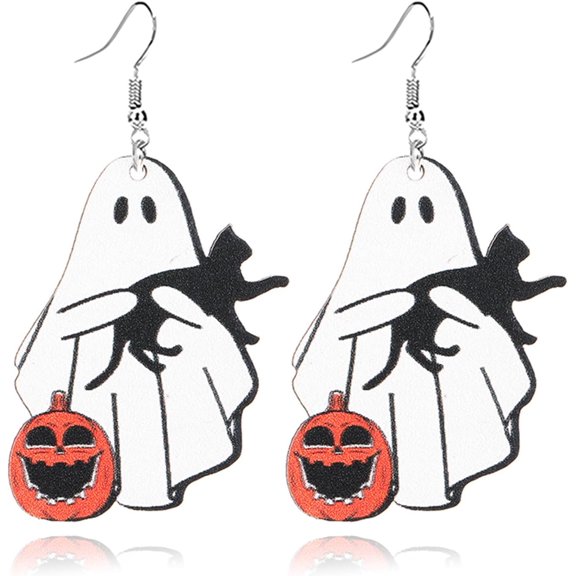 Wooden Pumpkin & Bat Drop Dangle Earrings - Black Cat & Ghost Designs - Lightweight & Cute - Perfect for Halloween Parties & Gifts